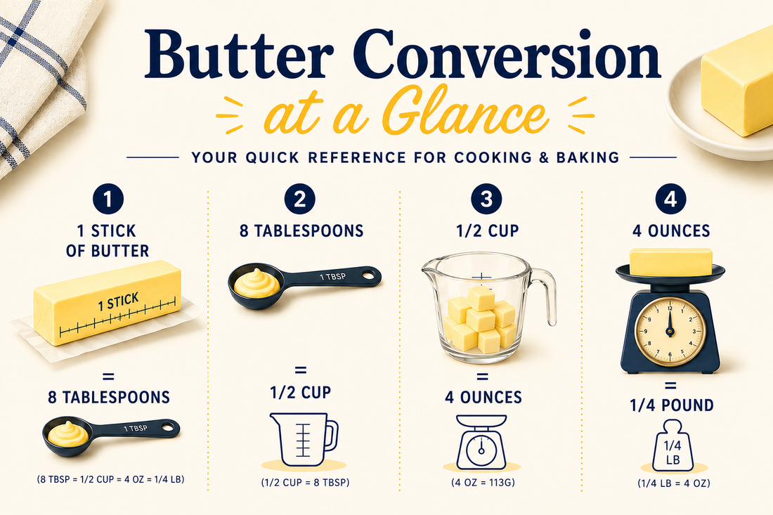 Butter conversion chart showing 1 stick of butter equals 8 tablespoons, 1/2 cup, 4 ounces, and 1/4 pound. Visual kitchen reference guide for cooking and baking measurements.