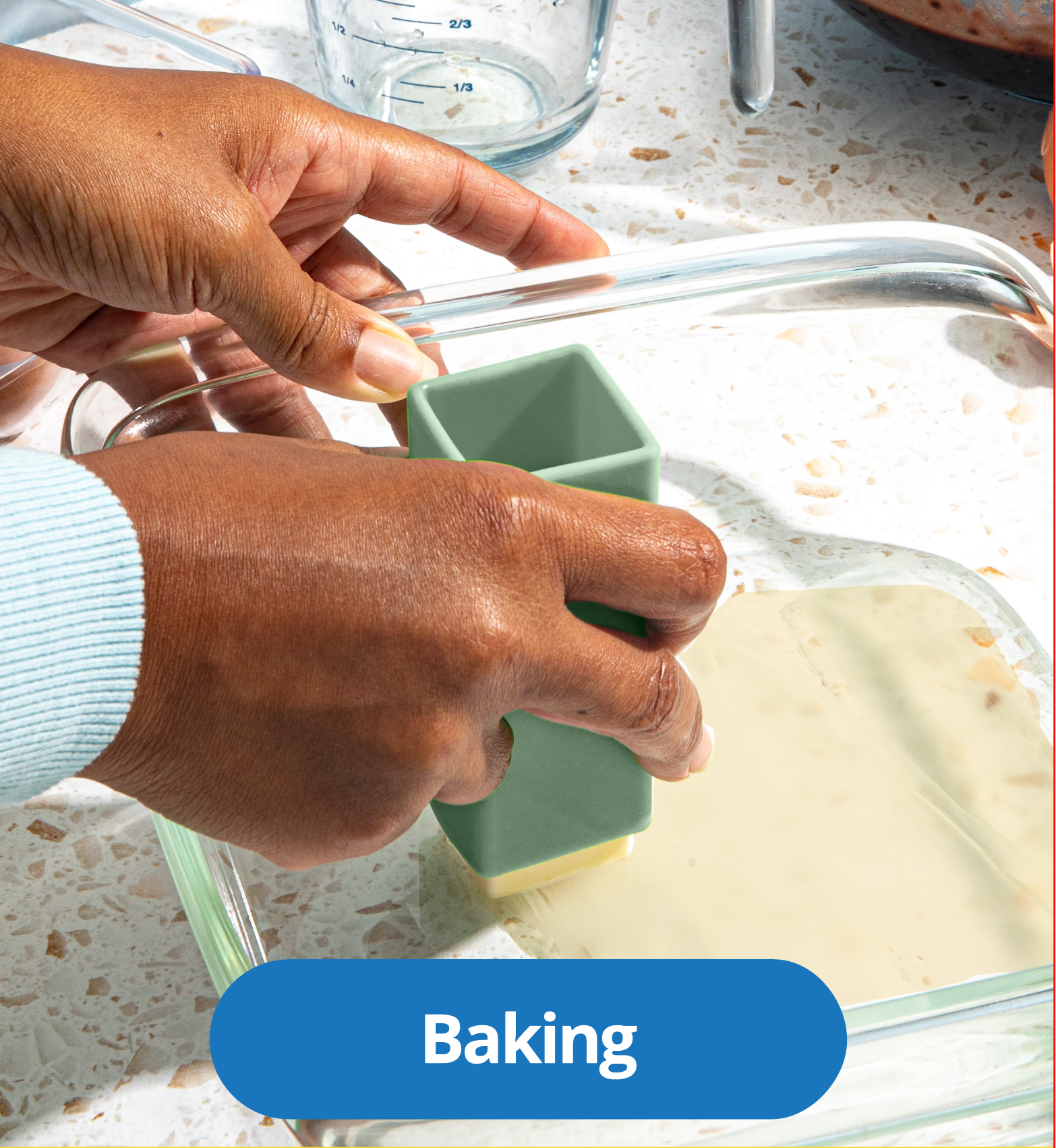 Greasing a baking dish with a Butter Crayon for mess-free prep
