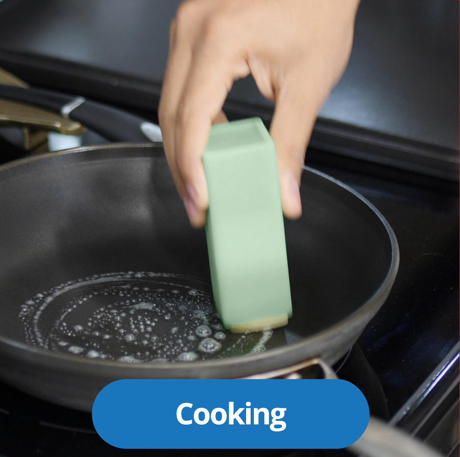 Adding butter to a hot pan safely with a Butter Crayon, without burned fingers
