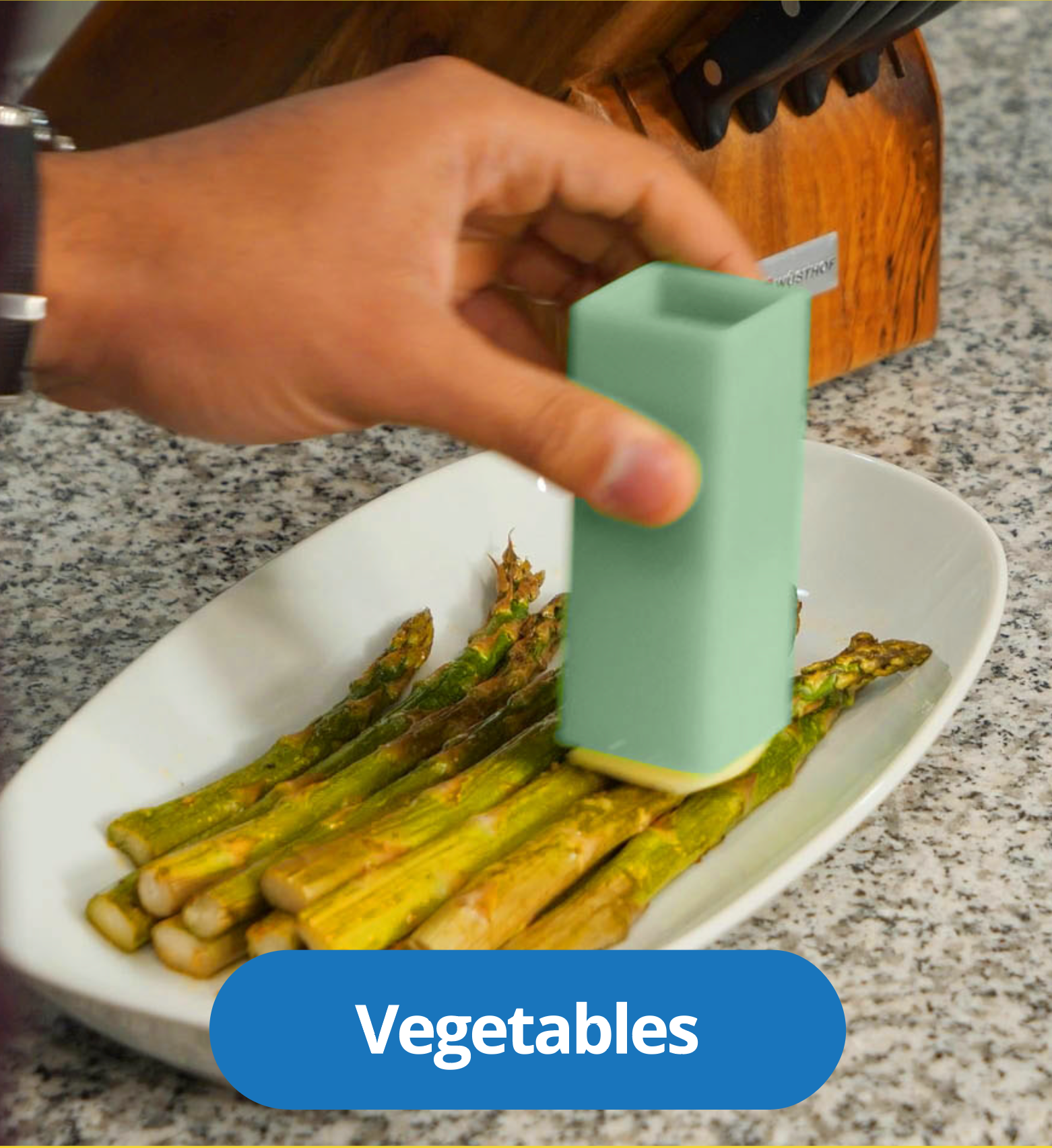 Buttering steamed vegetables with a Butter Crayon