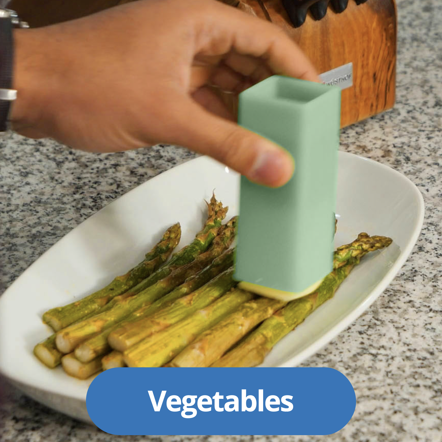 Buttering steamed vegetables with a Butter Crayon