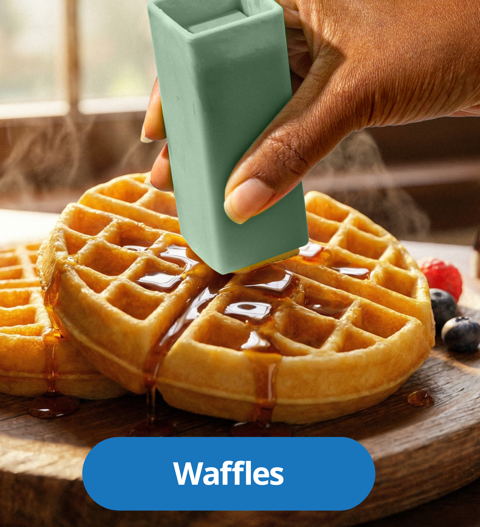 Buttering a fresh waffle evenly with a Butter Crayon