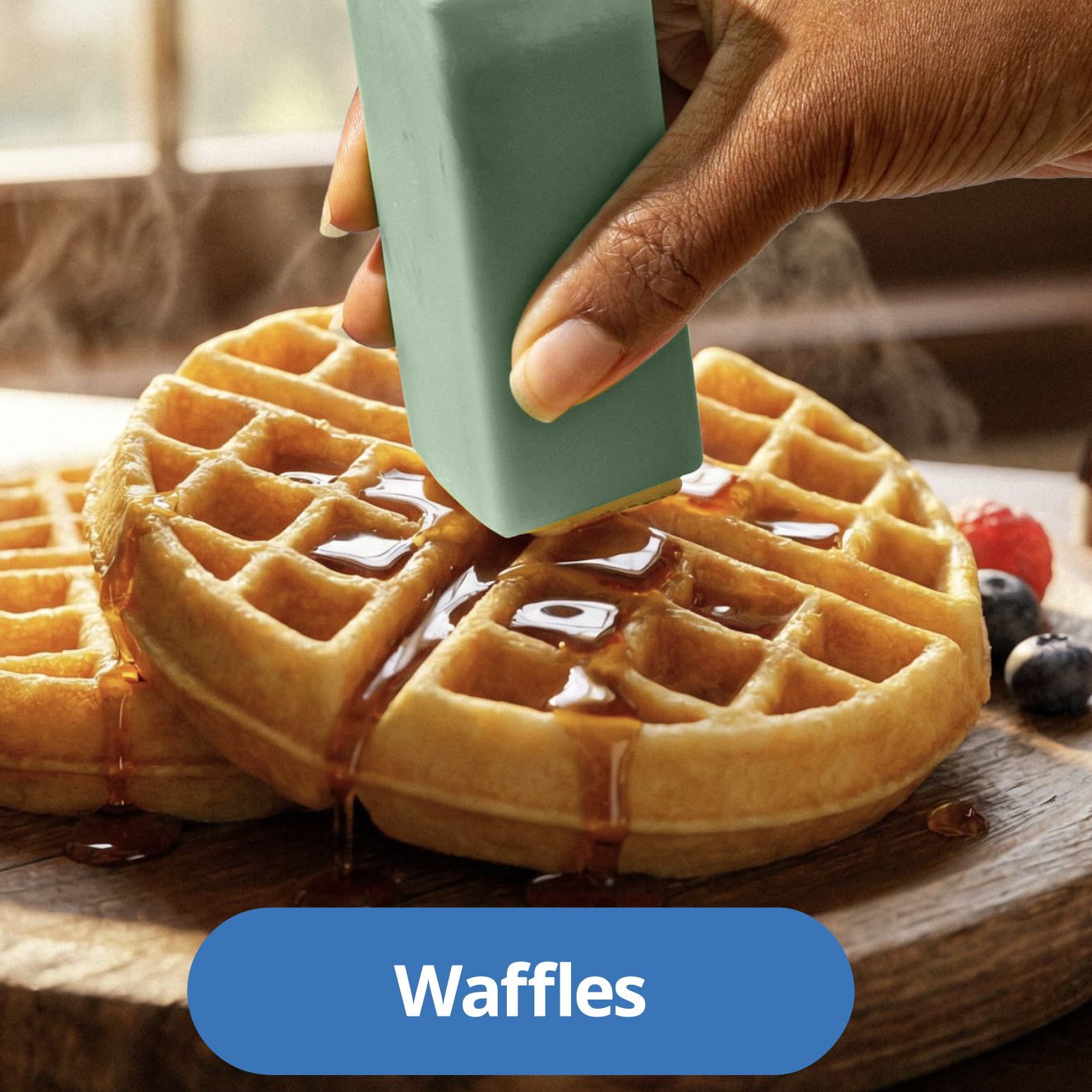 Buttering a fresh waffle evenly with a Butter Crayon