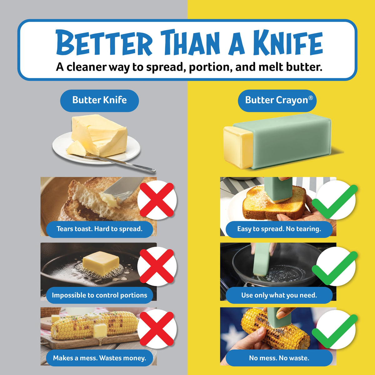 Better Than a Knife: Butter Crayon spreads butter on toast, pans, and corn, with easy portion control and less mess.