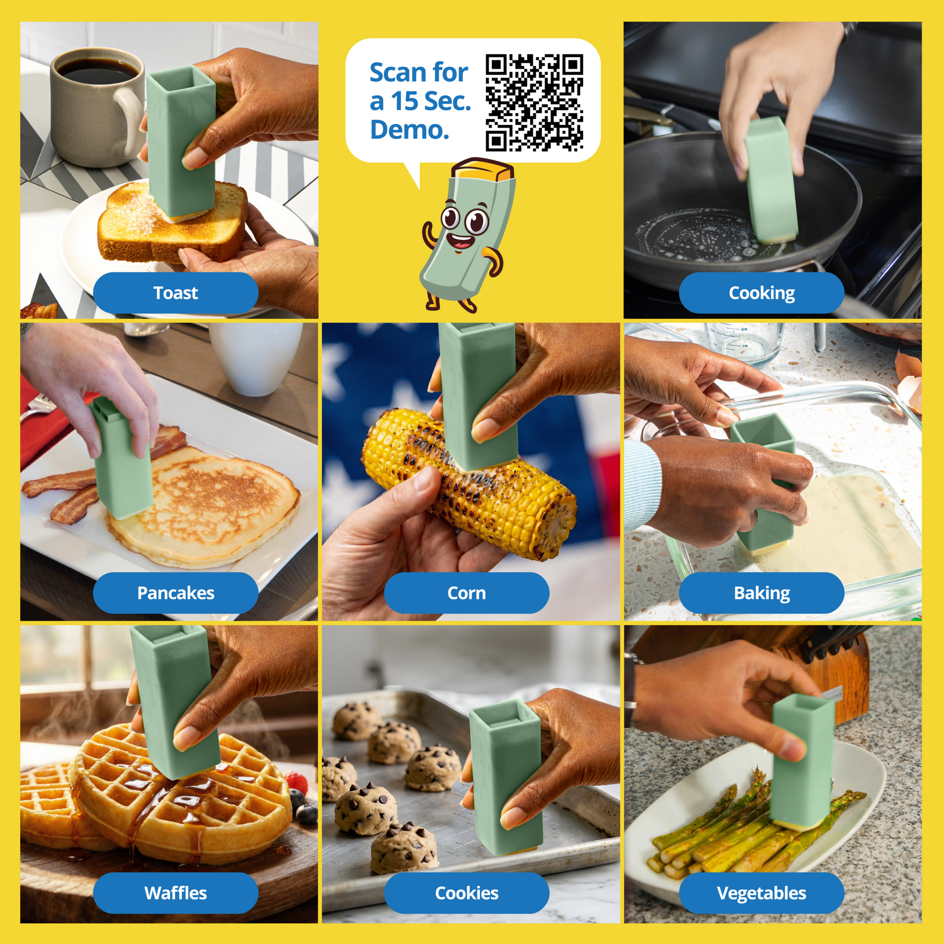 Nine ways to use the Butter Crayon: toast, cooking, pancakes, corn, baking, waffles, cookies, and vegetables